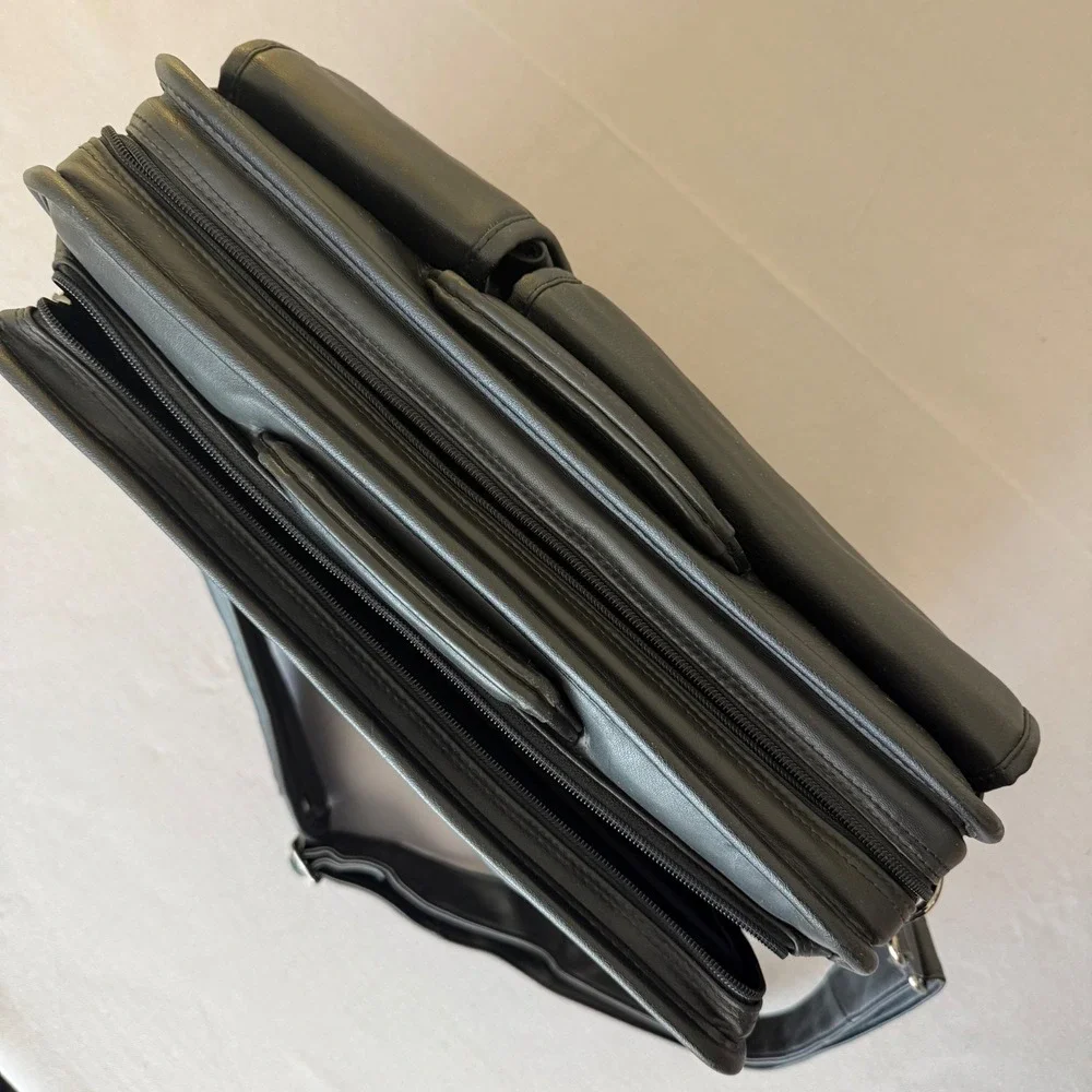 Dell Black Leather Laptop Messenger Bag Briefcase‎ Retractable handles